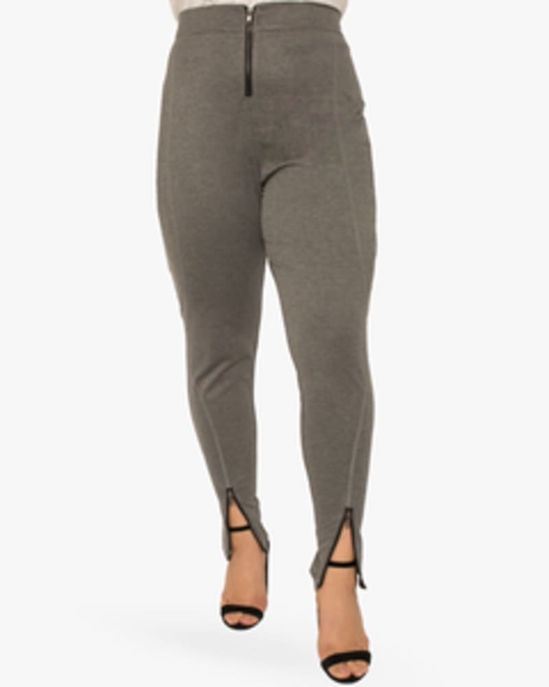 Front of a model wearing a size L Selena High Rise Legging in DARKGREY by Standards & Practices. | dia_product_style_image_id:239058